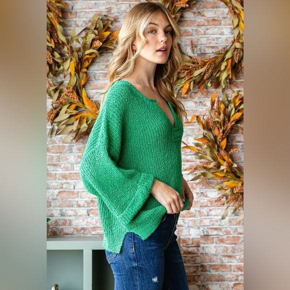 Neck Slit Sweater Top in Green - Picture 3 of 4